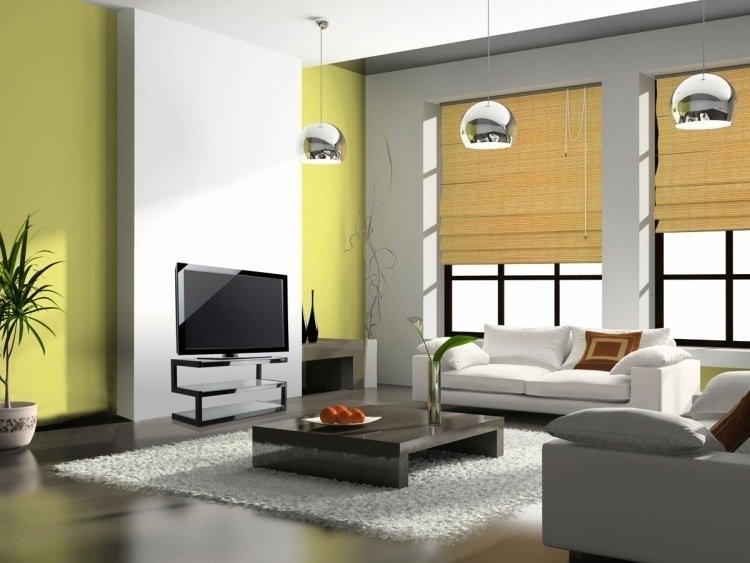 feng-shui-vardagsrum-möblering-fönster-soffa-vit-grå-gul-vägghängande lampa-soffbord-tv