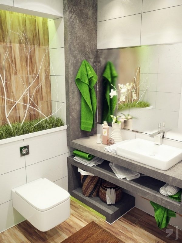 grönt badrum tänkande hållbara materialkoncept