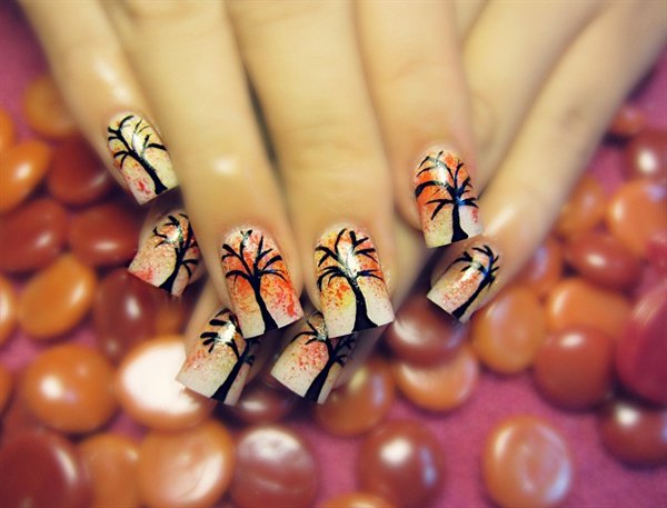 Naglar-Manikyr-Fall-Träd-Ritningar-Idéer-Nail-Art