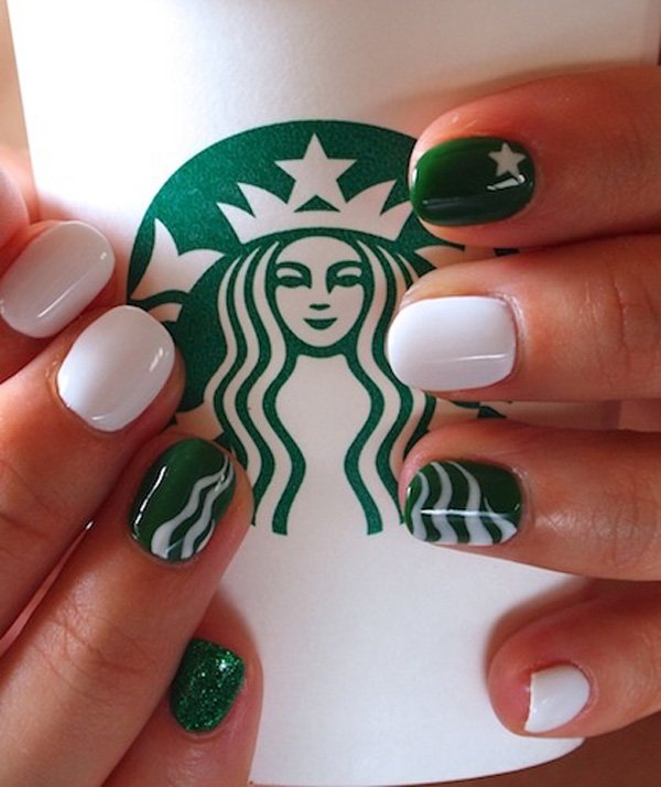 Starbucks-Nail-Design-Effect-Nails-Green-Stars-Waves-Pattern