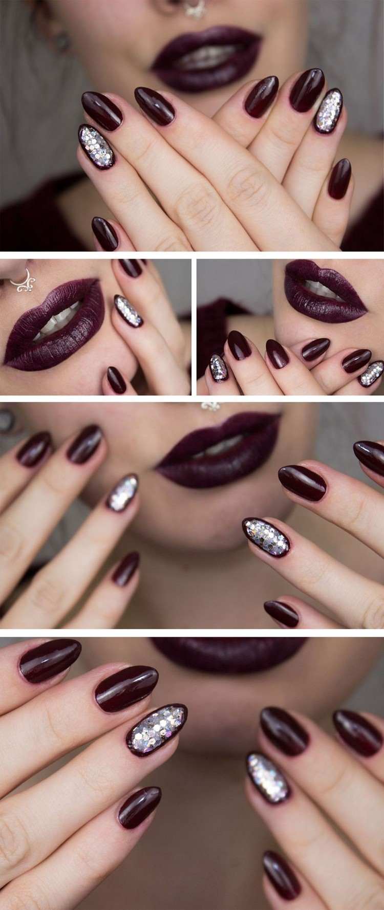 nageldesign-plommon-färg-silver-glitter-partiklar
