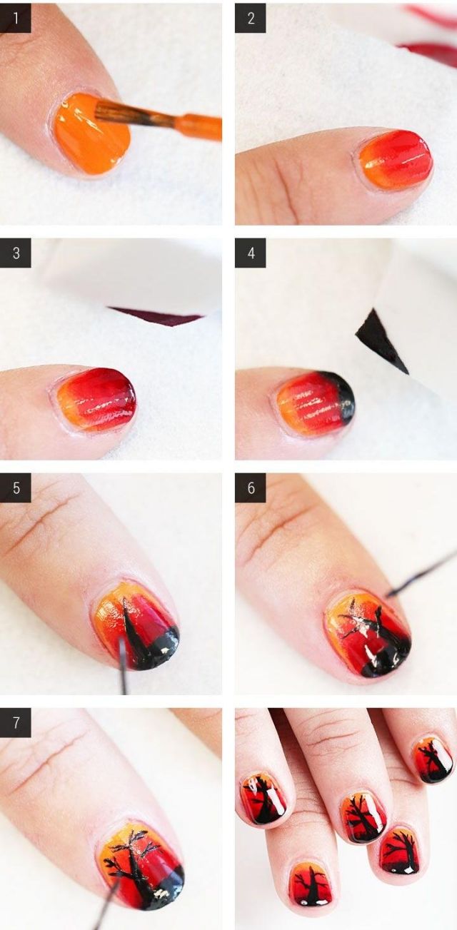 höst-spik-design-instruktioner-ombre-orange-svart-träd-motiv