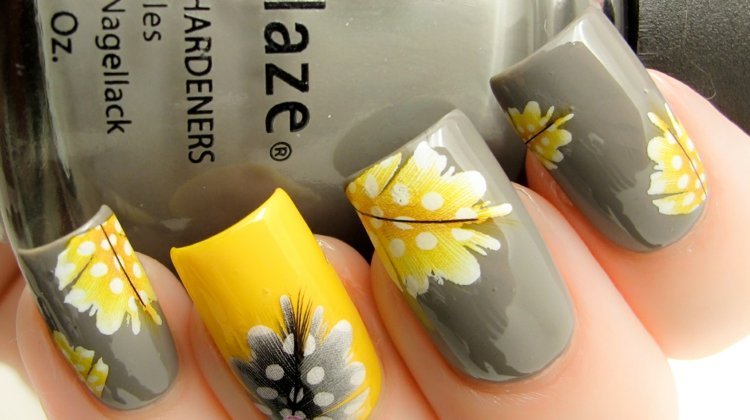nageldesign i gul modern-grå-blom-idé-elegant-styling