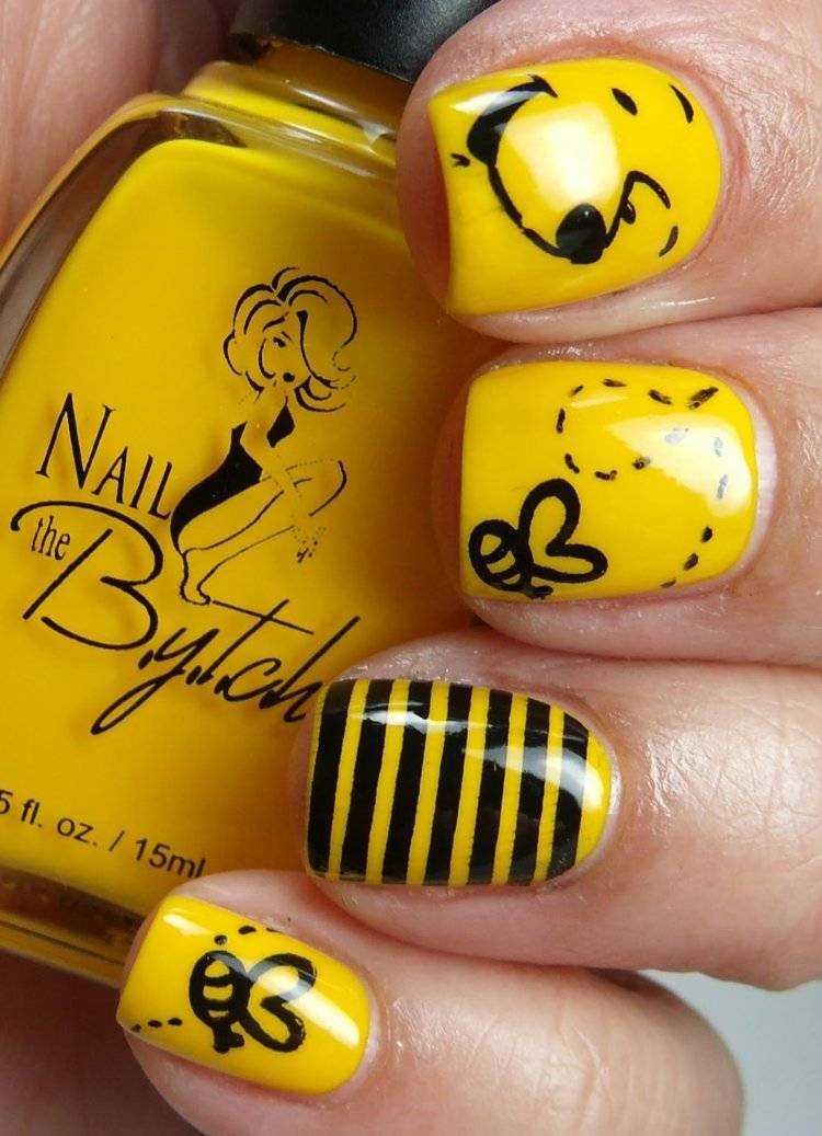nageldesign-gul-winnie-the-pooh-bee-stripe-honung-tema