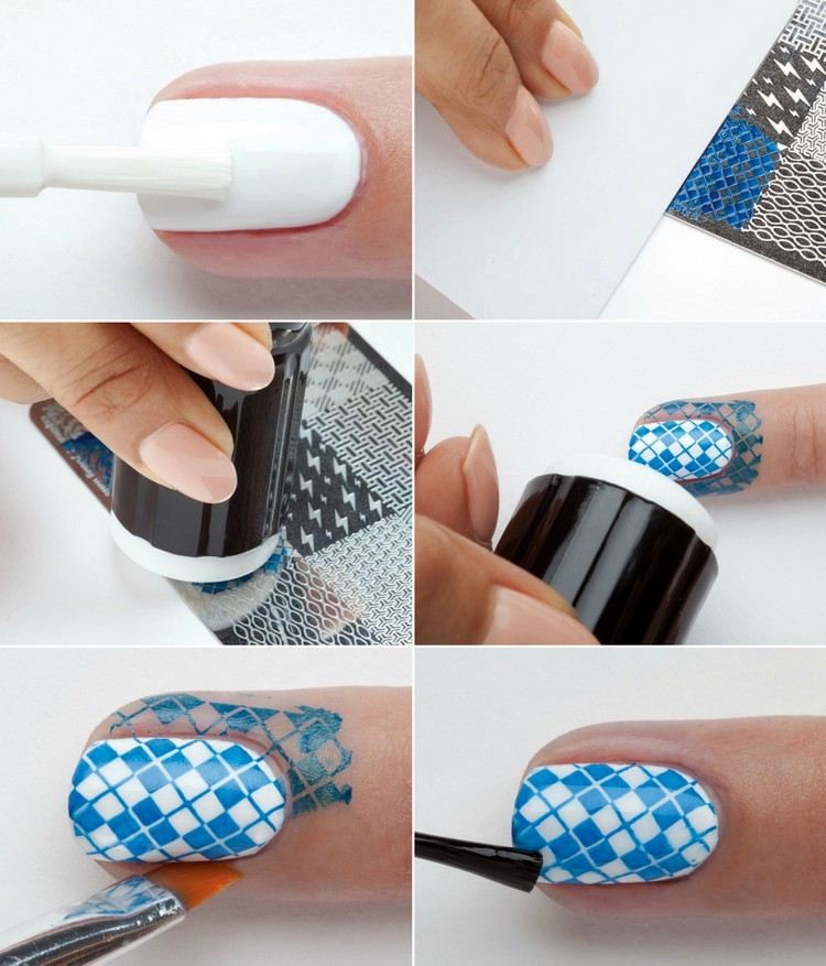Applicera nagelstämpel-instruktioner-nageldesign-mönster-blå-vit
