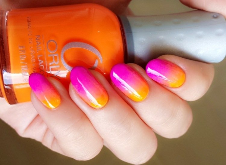 nageldesignmotiv neon ombre idé rosa orange sommar