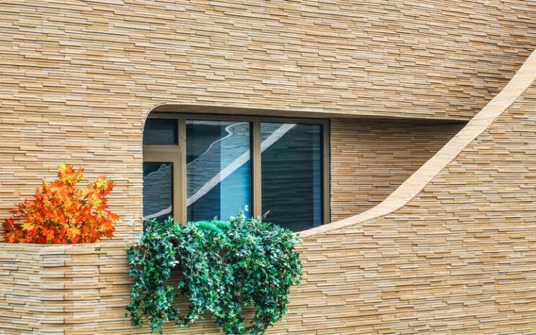 fasad smala stenplattor balkong design glasdörr klätterväxter