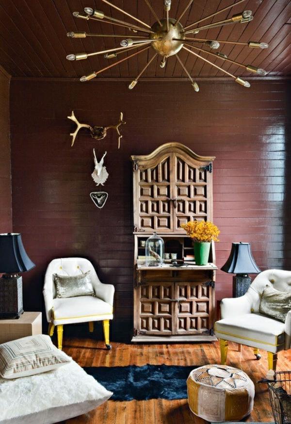 gul blå vardagsrum trä vägg vintage möbler