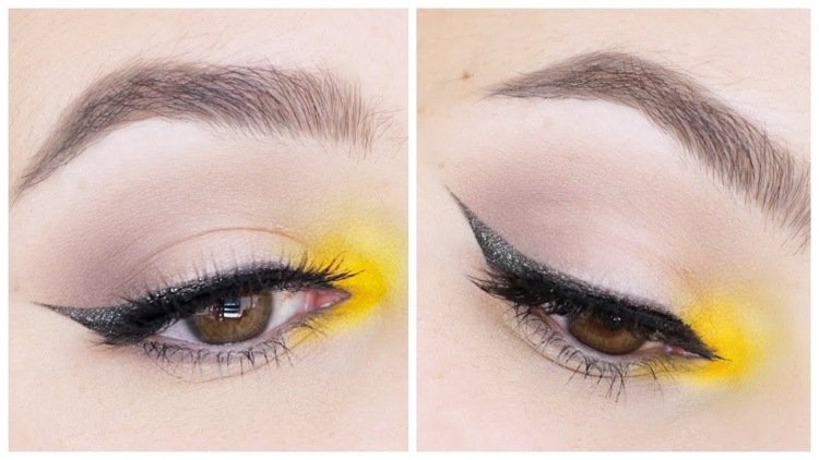 gula färg accenter i det inre hörnet av ögat och glitter eyeliner