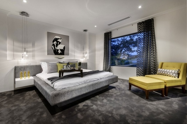 Sovrum-design möbler-färger-gul-grå-mönster gardiner-fönster dekoration