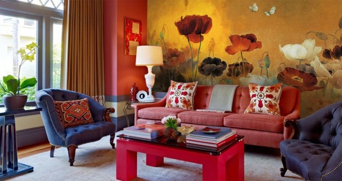 asiatisk stil i vardagsrummet - färgad inredning