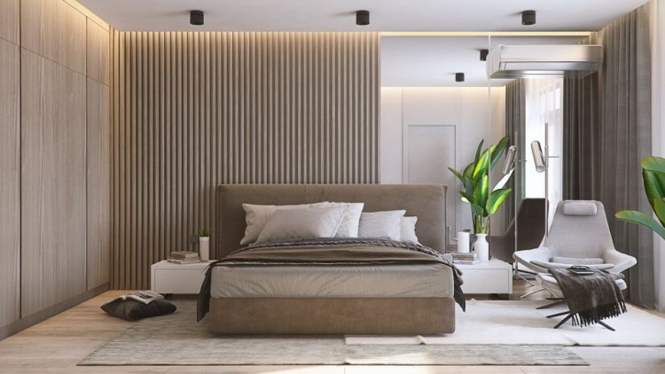 neutrala färger i sovrummet skapar en avkopplande atmosfär spegelvägg
