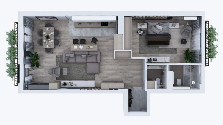 2 rums lägenhet 80 kvadratmeter neutrala färger planlösning visualisering