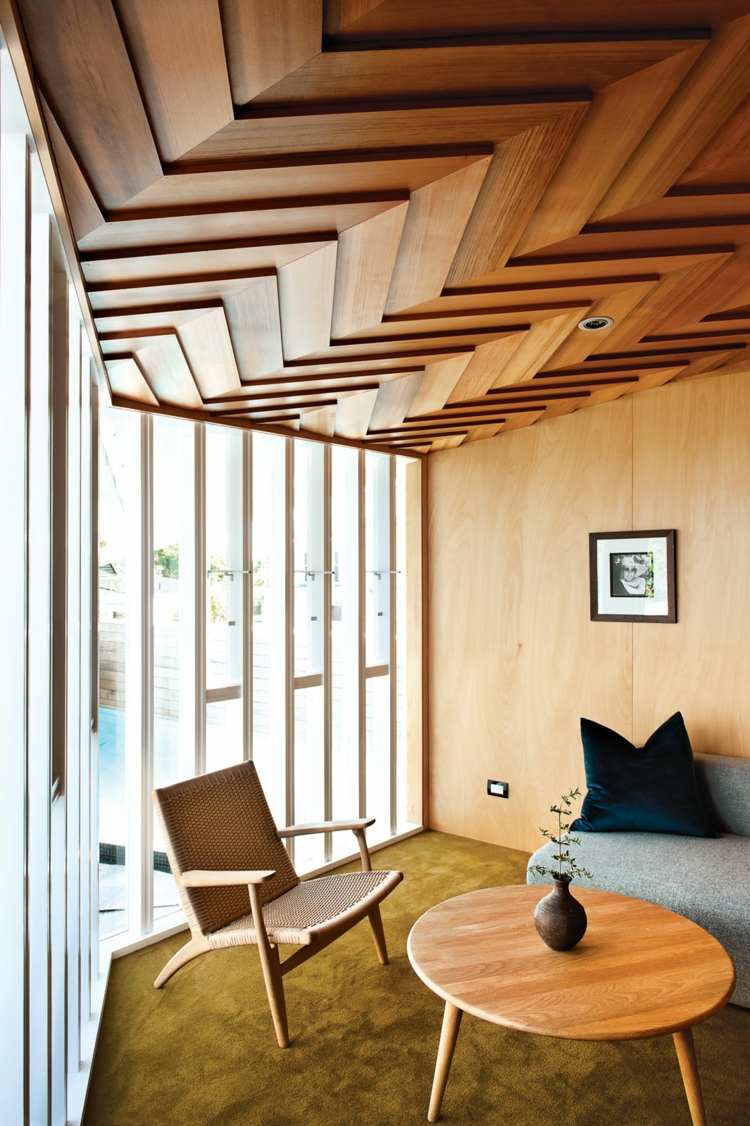 lågt i tak original-trä-design-glas vägg-trä bord-runda