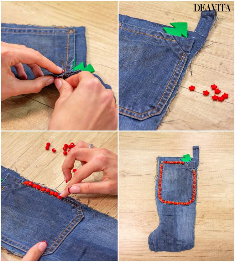 Gör din egen jultomte strumpa av gamla jeans, sy med barn