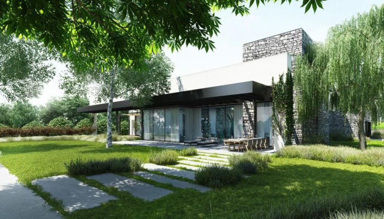 trädgård design modern-minimalistisk-gräsmatta-rektangulära plattor