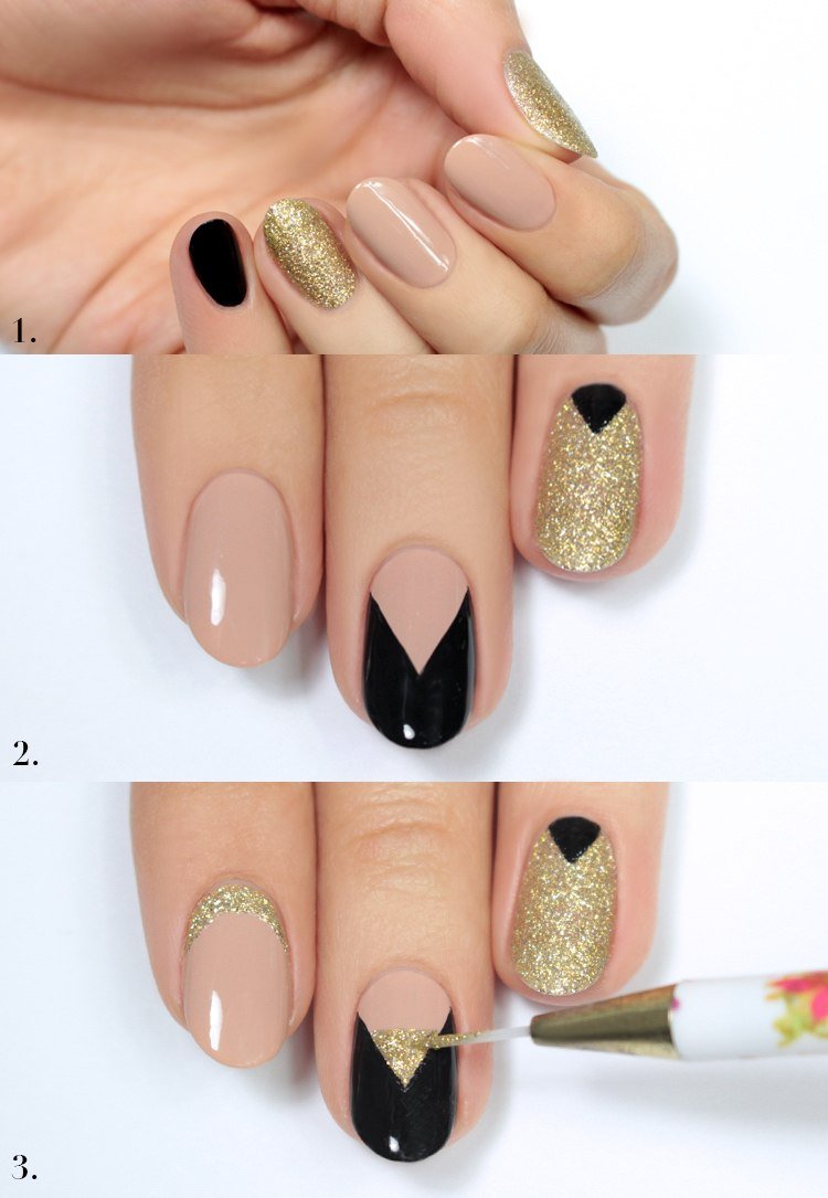 Gör nakna naglar med glitterguldsvart själv