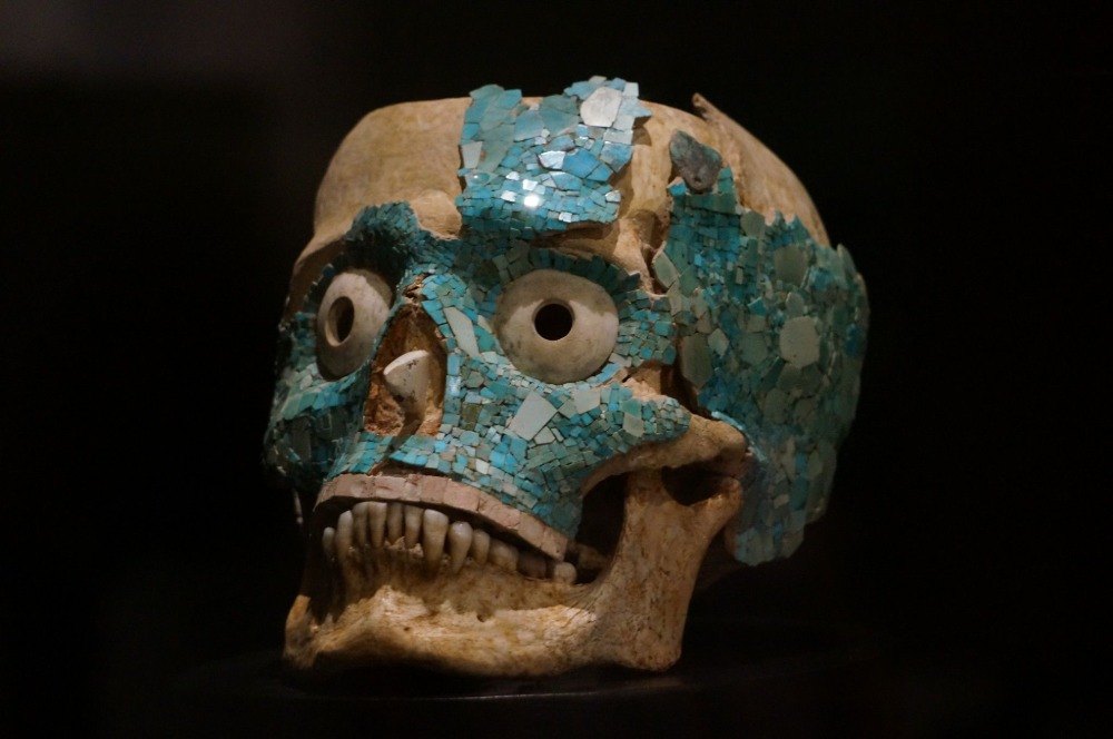 för utställningen på kulturmuseet oaxaca en skalle med inslag i färgen på en turkos