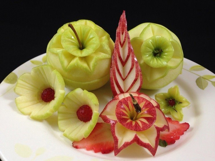 Carving frukt-nybörjare-grönt-rött-äpple-blommor