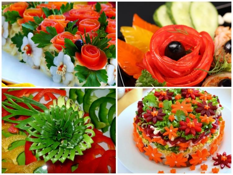 Frukt och grönsaker huggar sallad-dekoration-tomater-morötter-gräslök