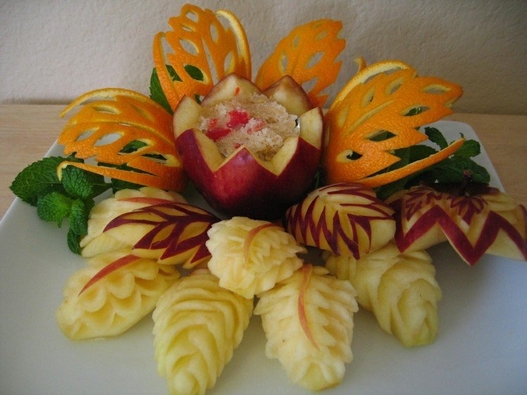 frukt och grönsaker carving äpplen apelsiner skal pepparmynta dekoration