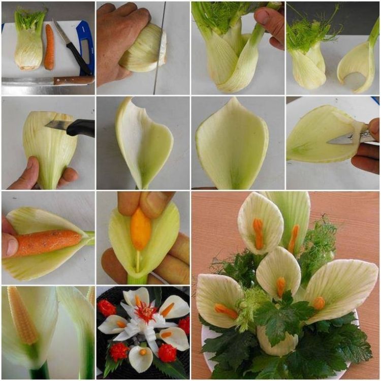 Carving frukt och grönsaker -instruktioner-fänkål-calla-blommor