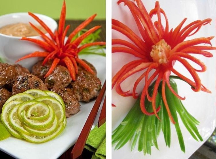 Grönsak-carving-röd-paprika-blomma-tallrik-dekoration