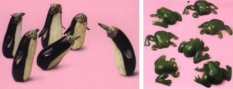 grönsak-carving-figurer-aubergine-pingvin-paprika-grodor