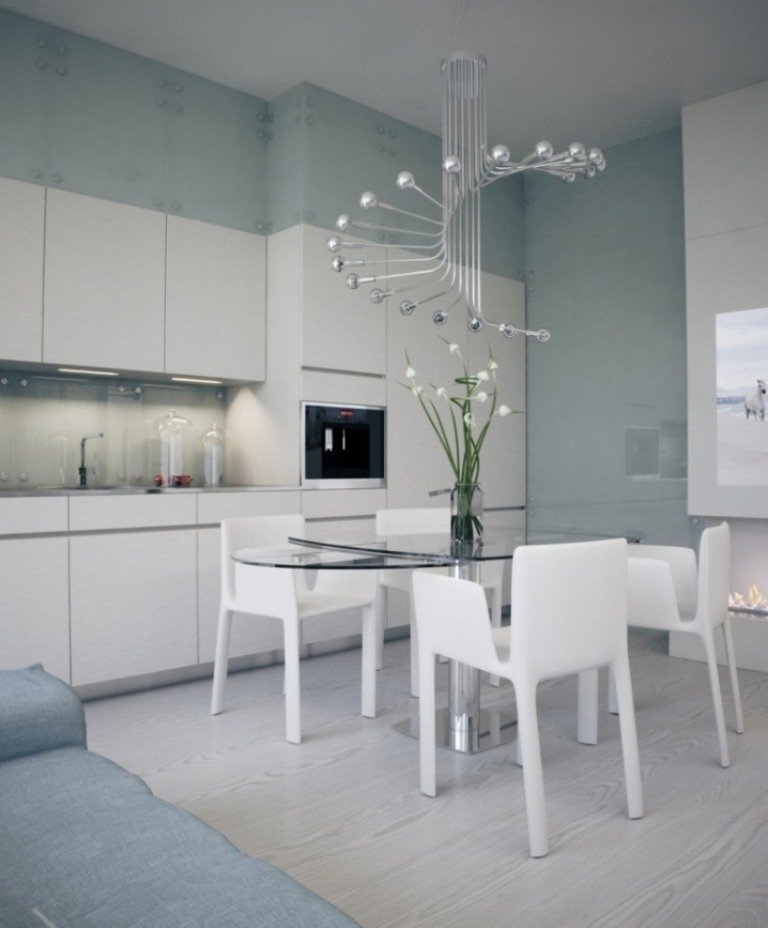 Öppet kök med vardagsrum -litet-vitt-högglans-moderna-stolar-bord-glas-topp-ljus-modernt-extravagant