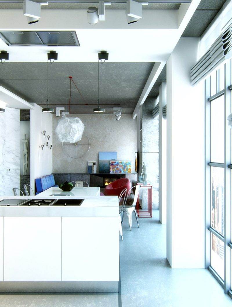 Öppet kök med vardagsrum-vit-modern-färg accenter-fönster vägg möbler-lampor