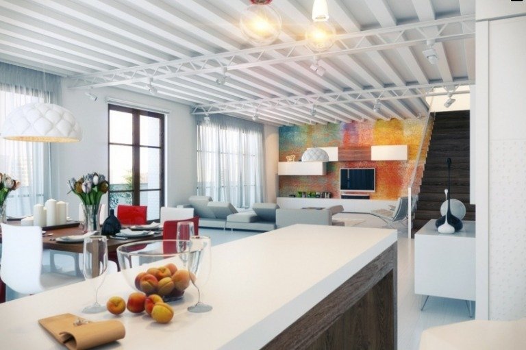 Öppet kök med vardagsrum-väggdesign-färgglad-färgad-mot-vit-trä-modern