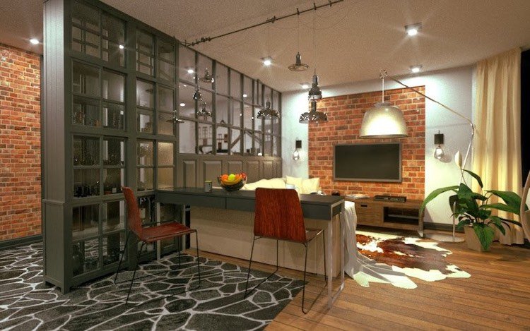 öppet-kök-partition-loft-stil-glas-svart-trä