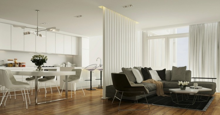öppet-vardagsrum-kök-modern-stil-vit-design-matsal-område-skiljeväggar-balkar