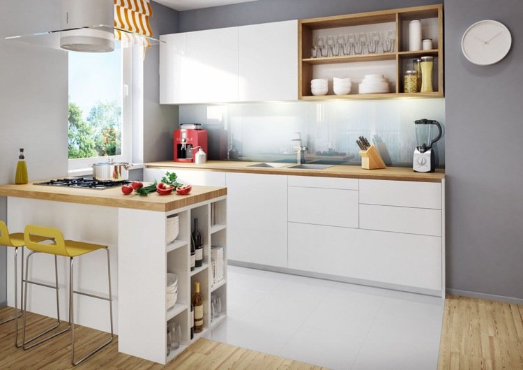 Optimal köksutrustning inbyggt kök-vitt-trä-bänkskiva-glas-stänkskydd-grå-väggfärg-köksö