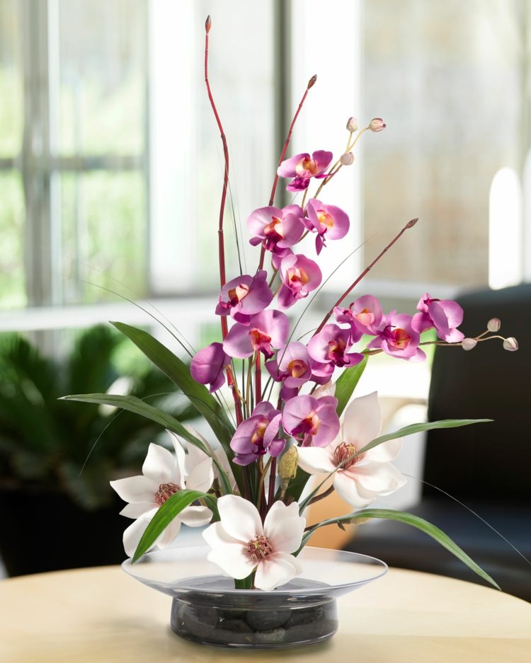 orkidéer dekoration arrangemang enkel japansk stil rosa blommor skål glas