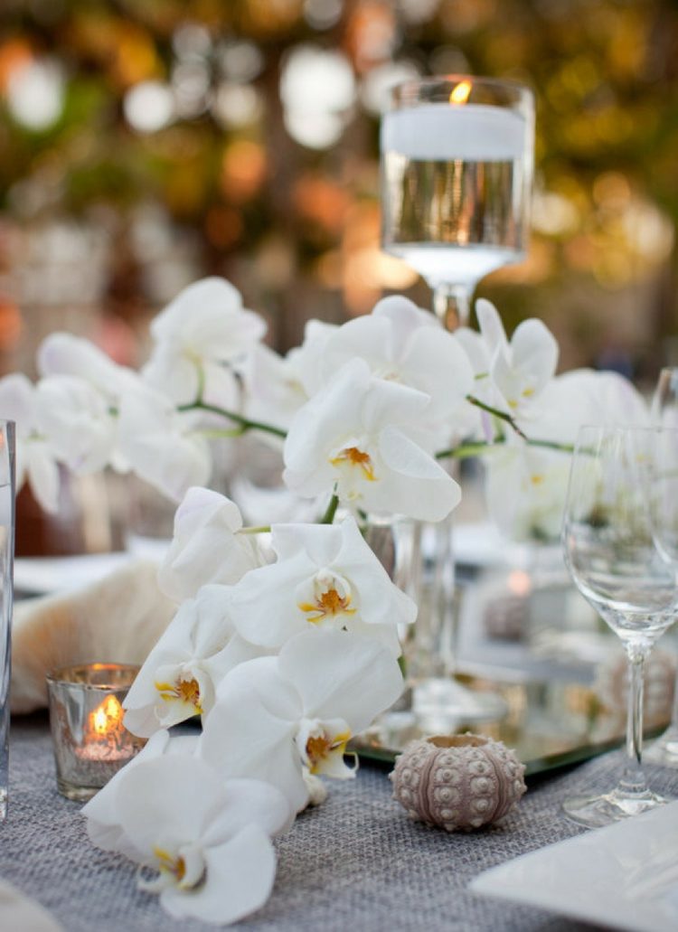 orkidéer bordsdekoration vita glasögon-duk-ljusstake-ljus-trädgård-tallrik