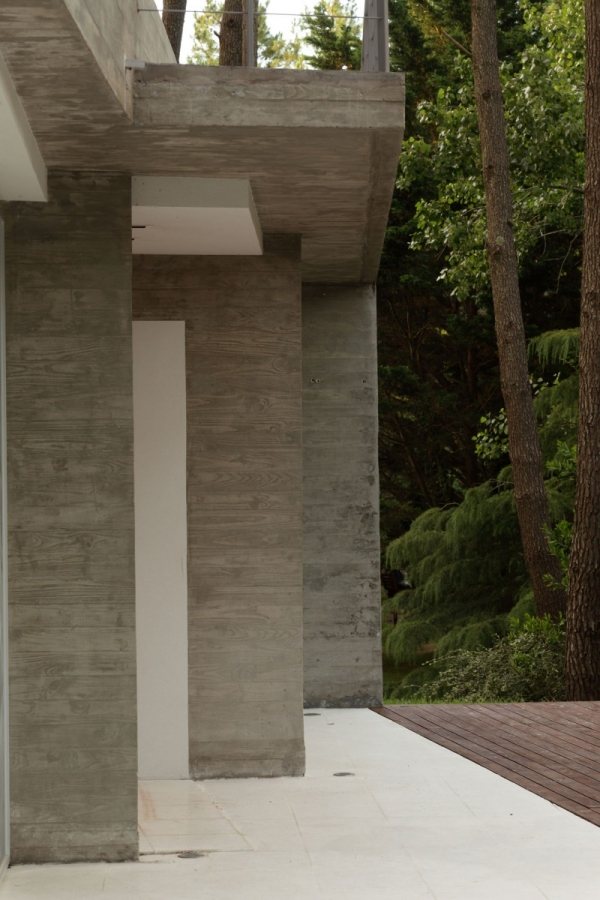 Fritidshus skog betong vit putsad arkitektur