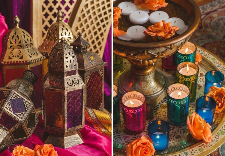 orientalisk-dekoration-ljus-lyktor-metall-blommor-färg-bricka