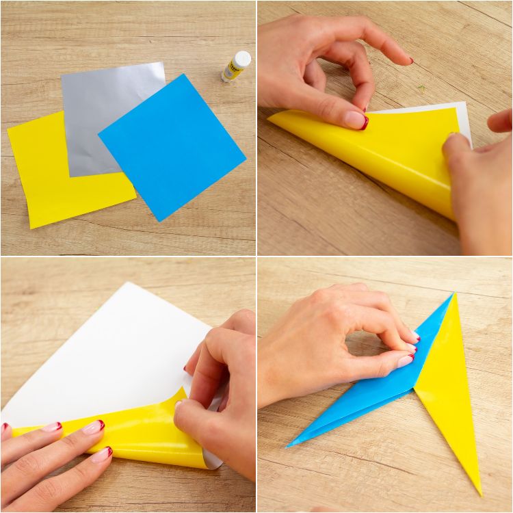 origami stjärnor julstjärnor pyssla dig själv jul helt enkelt vik papperslappar blå gul uhu lim vikningsinstruktioner steg