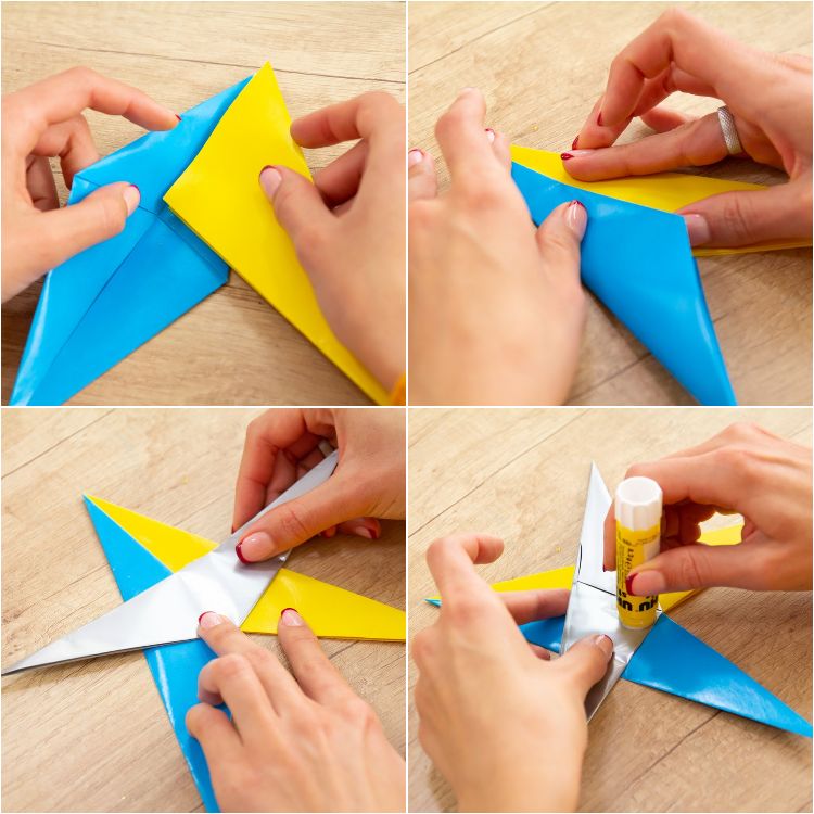 origami stjärnor julstjärnor pyssla dig själv jul helt enkelt vik papperslappar blå gul uhu lim sista stegen