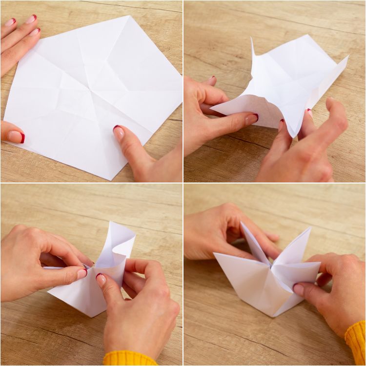 origamistjärnor pyssla julstjärnor själv vika ihop vitt pappersark femkant