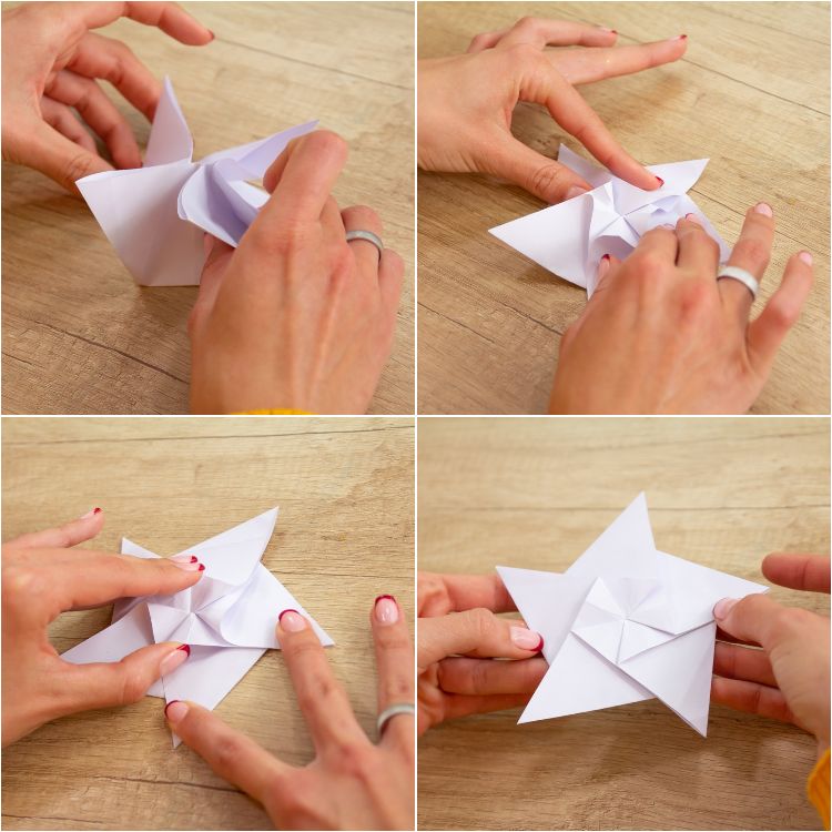 origami stjärnor pyssla julstjärnor själv vitt pappersark femkantigt