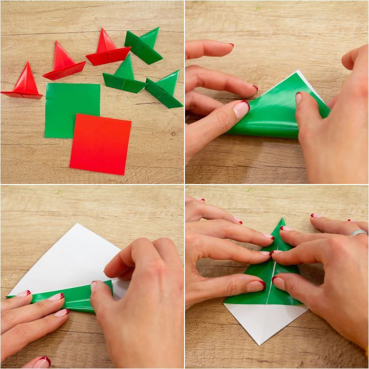 modulär origami -stjärna gör julstjärnor själv gröna röda vikpapper