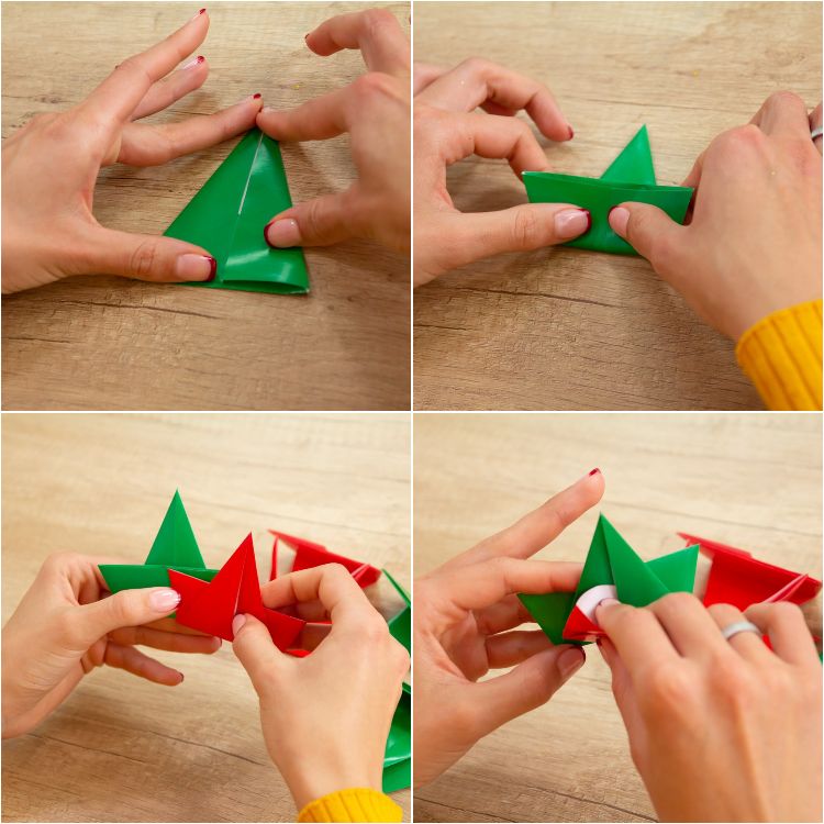 modulär origami -stjärna med hihnachtsstern gör dig själv till gröna röda bitar av papper