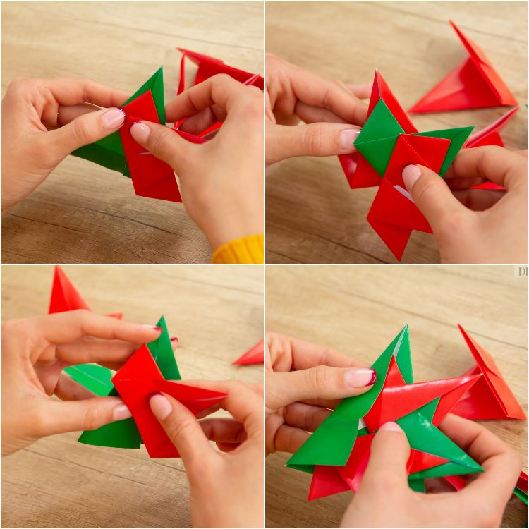 modulär origami -stjärna med hihnachtsstern gör dig till gröna röda pappersbitar