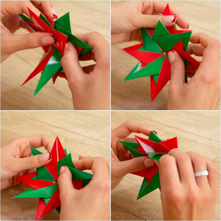 modulär origami -stjärna i wihnachtsstern gör dig själv till gröna röda papper