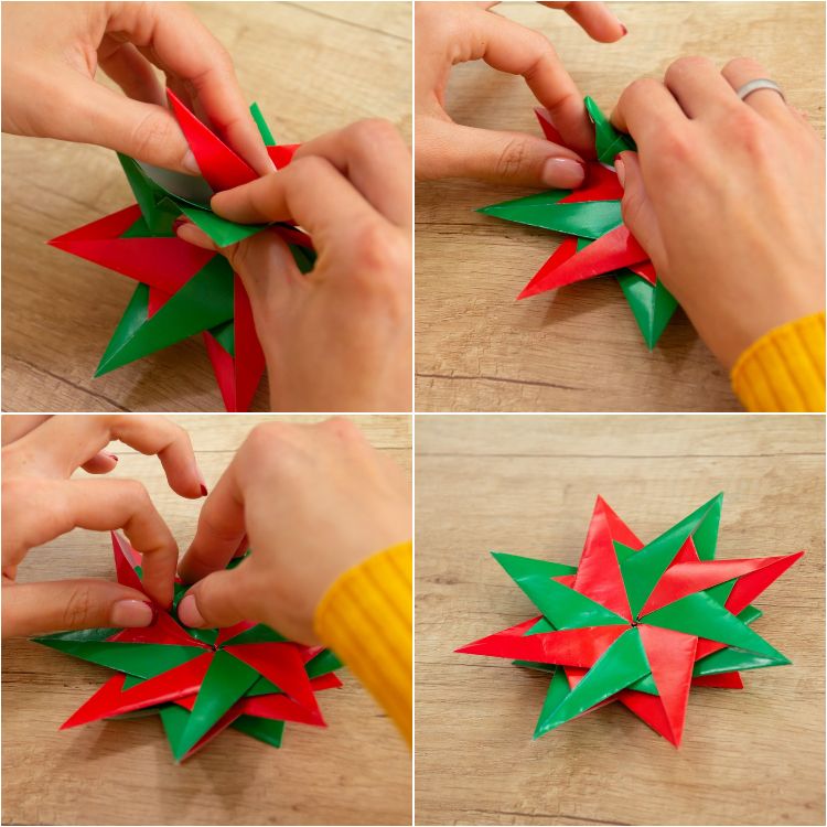 modulär origami stjärna julstjärna pyssla dig gröna röda pappersbitar färdigt resultat