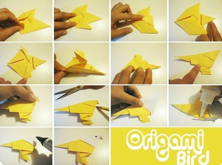 origami djur pyssla fågel enkla instruktioner gult papper