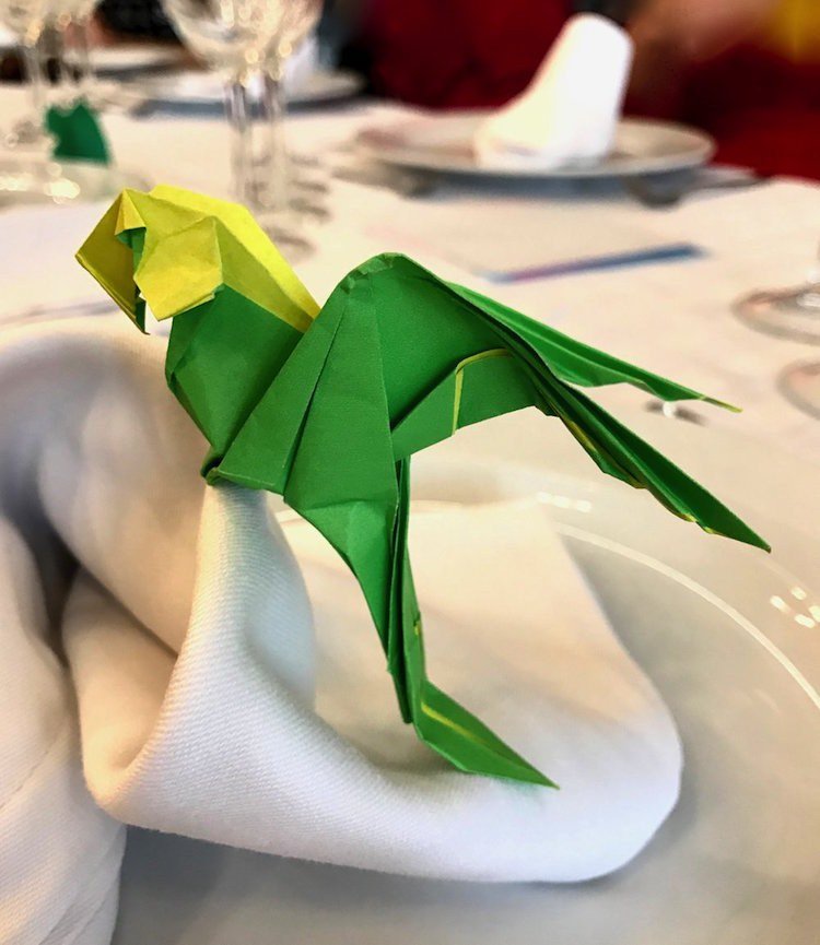 Origami Bird Papegoja Grön Gul Tvåfärgad Bordsdekoration Servett