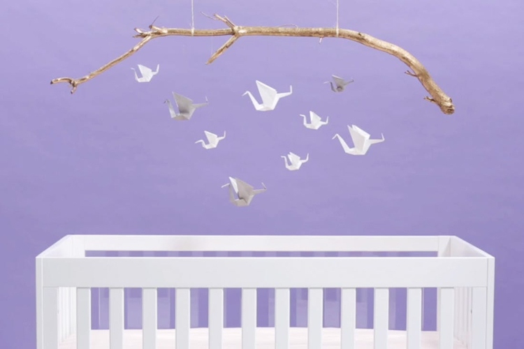 origami bird crane deco mobile baby room branch gold spray